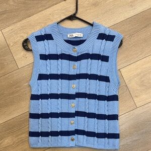 Zara Light Blue and Navy Knit Vest with Gold Buttons